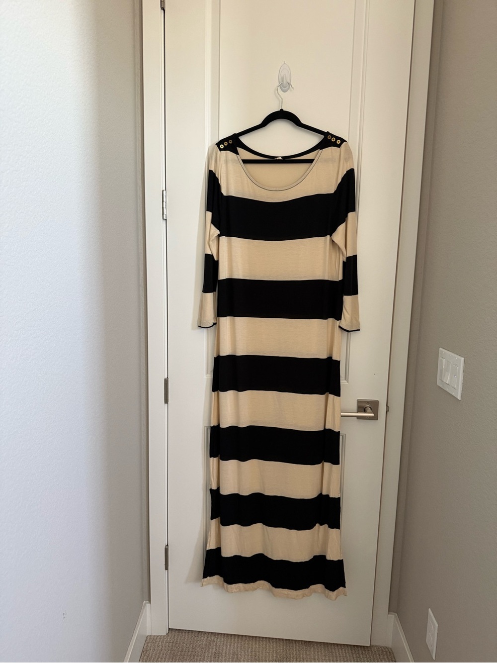 J. Crew Black and Cream Striped Maxi Dress with Shoulder Button Detail